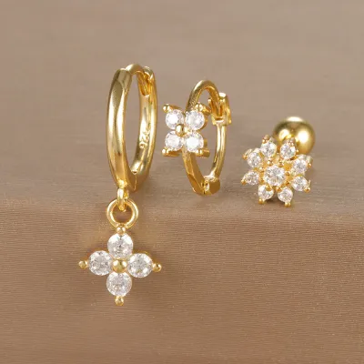 Women Fashion Geometric Zircon Flower Earrings 3Pcs-Set