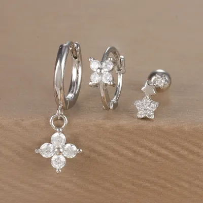 Women Fashion Geometric Zircon Flower Earrings 3Pcs-Set