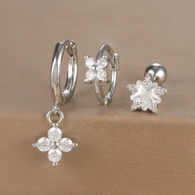 Women Fashion Geometric Zircon Flower Earrings 3Pcs-Set