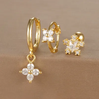 Women Fashion Geometric Zircon Flower Earrings 3Pcs-Set