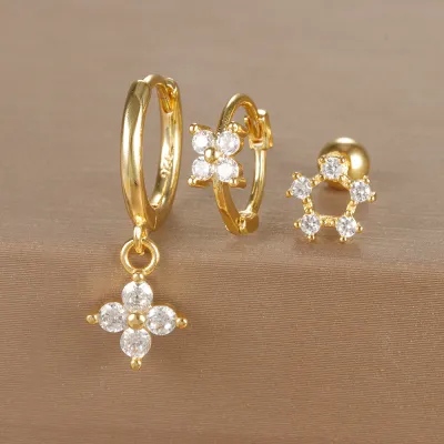 Women Fashion Geometric Zircon Flower Earrings 3Pcs-Set