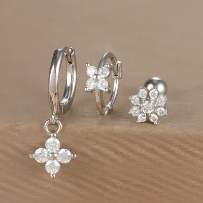 Women Fashion Geometric Zircon Flower Earrings 3Pcs-Set
