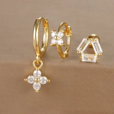 Women Fashion Geometric Zircon Flower Earrings 3Pcs-Set