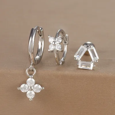 Women Fashion Geometric Zircon Flower Earrings 3Pcs-Set