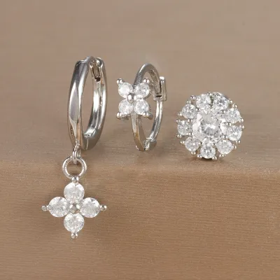 Women Fashion Geometric Zircon Flower Earrings 3Pcs-Set