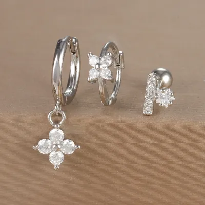 Women Fashion Geometric Zircon Flower Earrings 3Pcs-Set