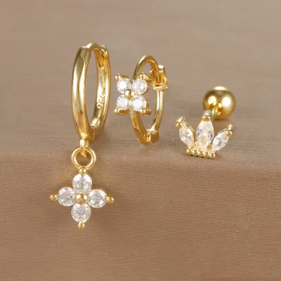 Women Fashion Geometric Zircon Flower Earrings 3Pcs-Set