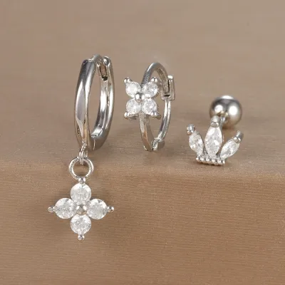 Women Fashion Geometric Zircon Flower Earrings 3Pcs-Set