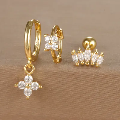 Women Fashion Geometric Zircon Flower Earrings 3Pcs-Set