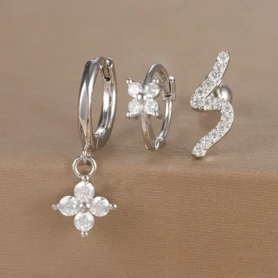 Women Fashion Geometric Zircon Flower Earrings 3Pcs-Set