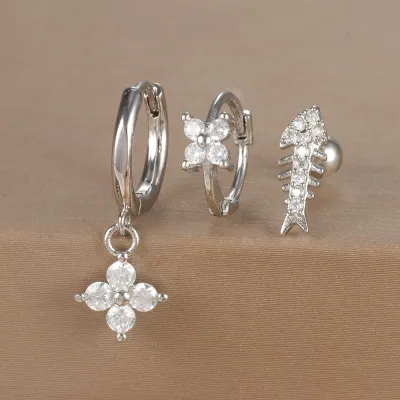 Women Fashion Geometric Zircon Flower Earrings 3Pcs-Set