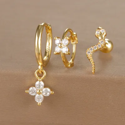 Women Fashion Geometric Zircon Flower Earrings 3Pcs-Set