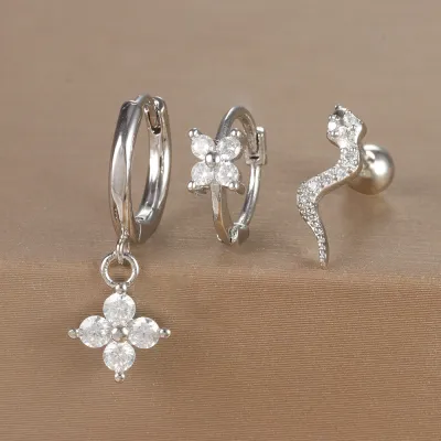 Women Fashion Geometric Zircon Flower Earrings 3Pcs-Set