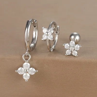Women Fashion Geometric Zircon Flower Earrings 3Pcs-Set