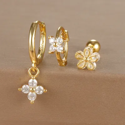 Women Fashion Geometric Zircon Flower Earrings 3Pcs-Set