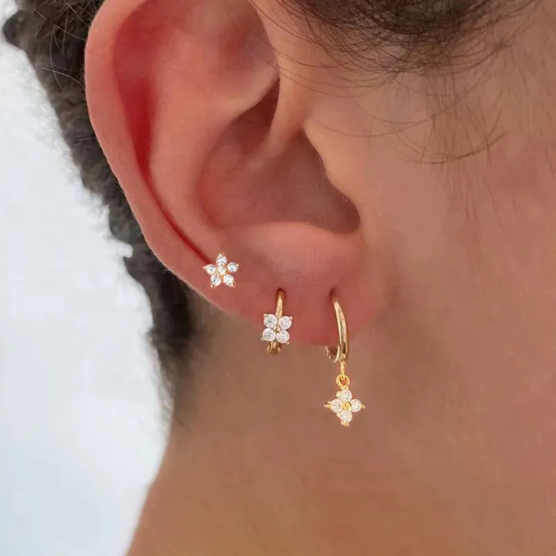 Women Fashion Geometric Zircon Flower Earrings 3Pcs-Set