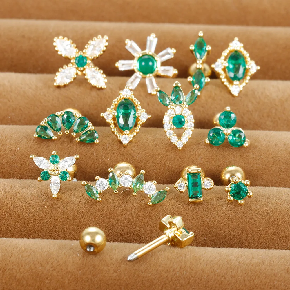 Women Simple Geometric Daisy Flower Green Zircon Earrings