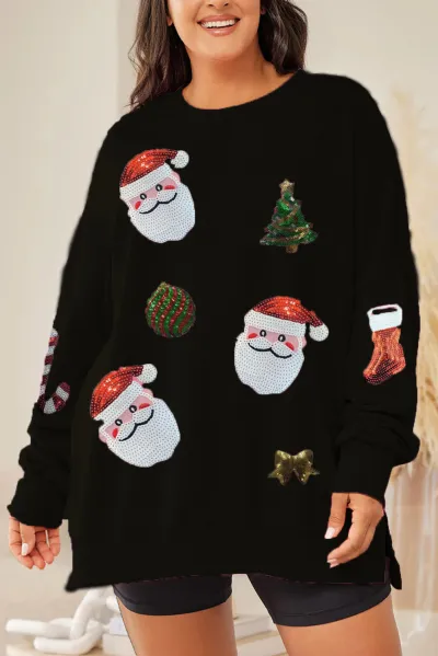Women Fashion Christmas Santa Sequin Round Neck Long Sleeve Sweatshirt