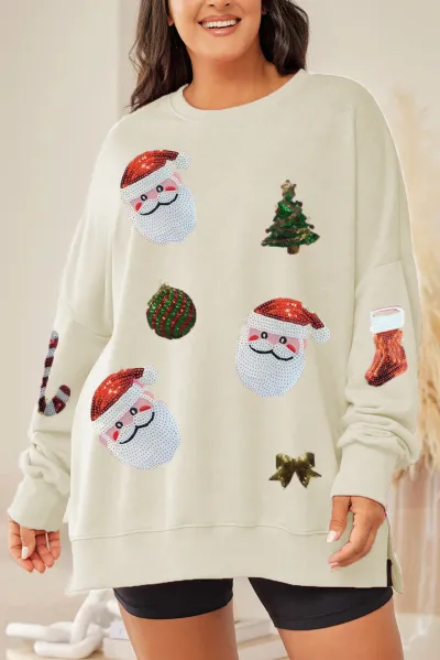 Women Fashion Christmas Santa Sequin Round Neck Long Sleeve Sweatshirt