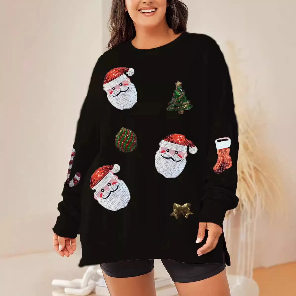 Women Fashion Christmas Santa Sequin Round Neck Long Sleeve Sweatshirt