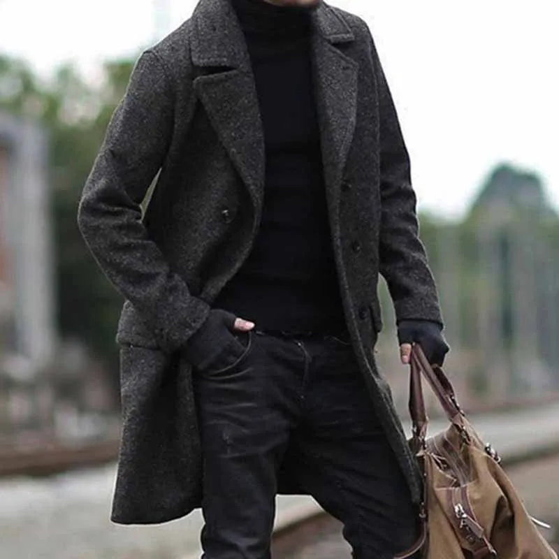 Men's Fashion Casual Spring Autumn Basic Long Sleeve Lapel Woolen Trench Coat