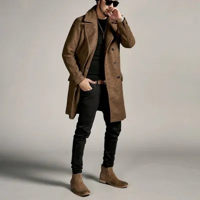 Men's Fashion Casual Spring Autumn Basic Long Sleeve Lapel Woolen Trench Coat