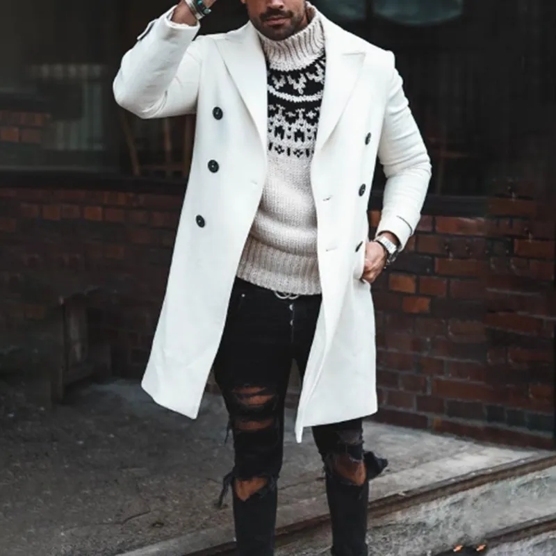 Men's Casual Solid Color Long Sleeve Lapel Woolen Trench Coat with Multi-Pockets