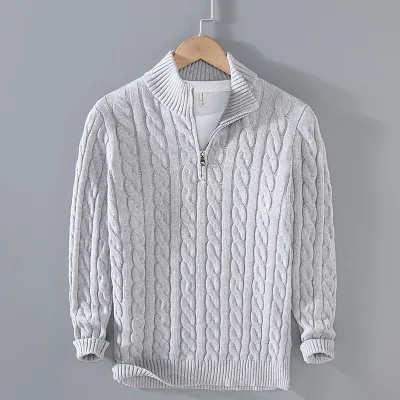 Men Fashion Casual Solid Color Rib-Knit Long Sleeve Half Zipper Knitted Sweater Pullover