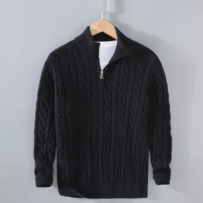 Men Fashion Casual Solid Color Rib-Knit Long Sleeve Half Zipper Knitted Sweater Pullover