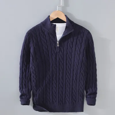 Men Fashion Casual Solid Color Rib-Knit Long Sleeve Half Zipper Knitted Sweater Pullover