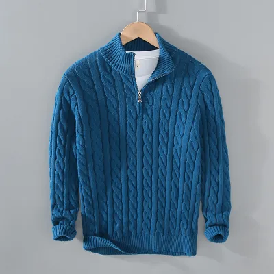 Men Fashion Casual Solid Color Rib-Knit Long Sleeve Half Zipper Knitted Sweater Pullover