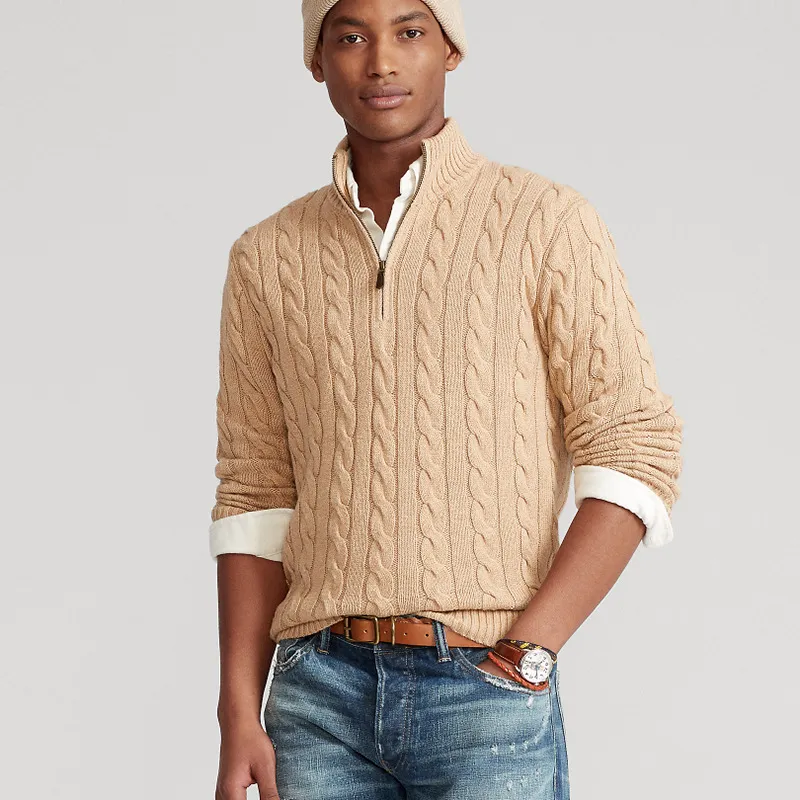 Men Fashion Casual Solid Color Rib-Knit Long Sleeve Half Zipper Knitted Sweater Pullover