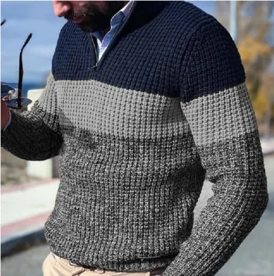 Men's Casual Autumn Winter Color Block Long Sleeve Half Zip Knitted Pullover Sweater