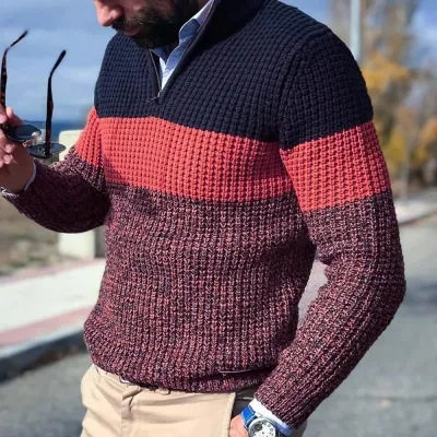 Men's Casual Autumn Winter Color Block Long Sleeve Half Zip Knitted Pullover Sweater