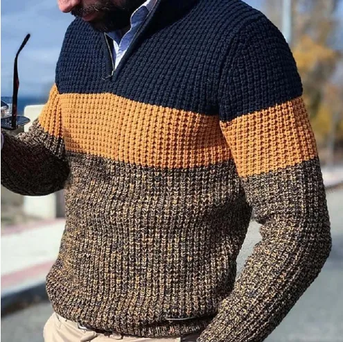 Men's Casual Autumn Winter Color Block Long Sleeve Half Zip Knitted Pullover Sweater