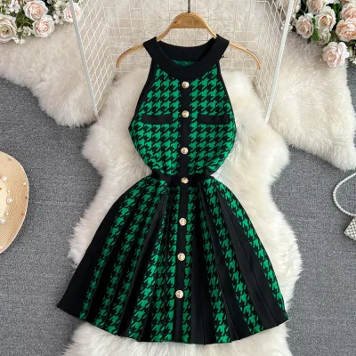 Women Fashion High Waist Sleeveless A-Line Knitted Houndstooth Dress