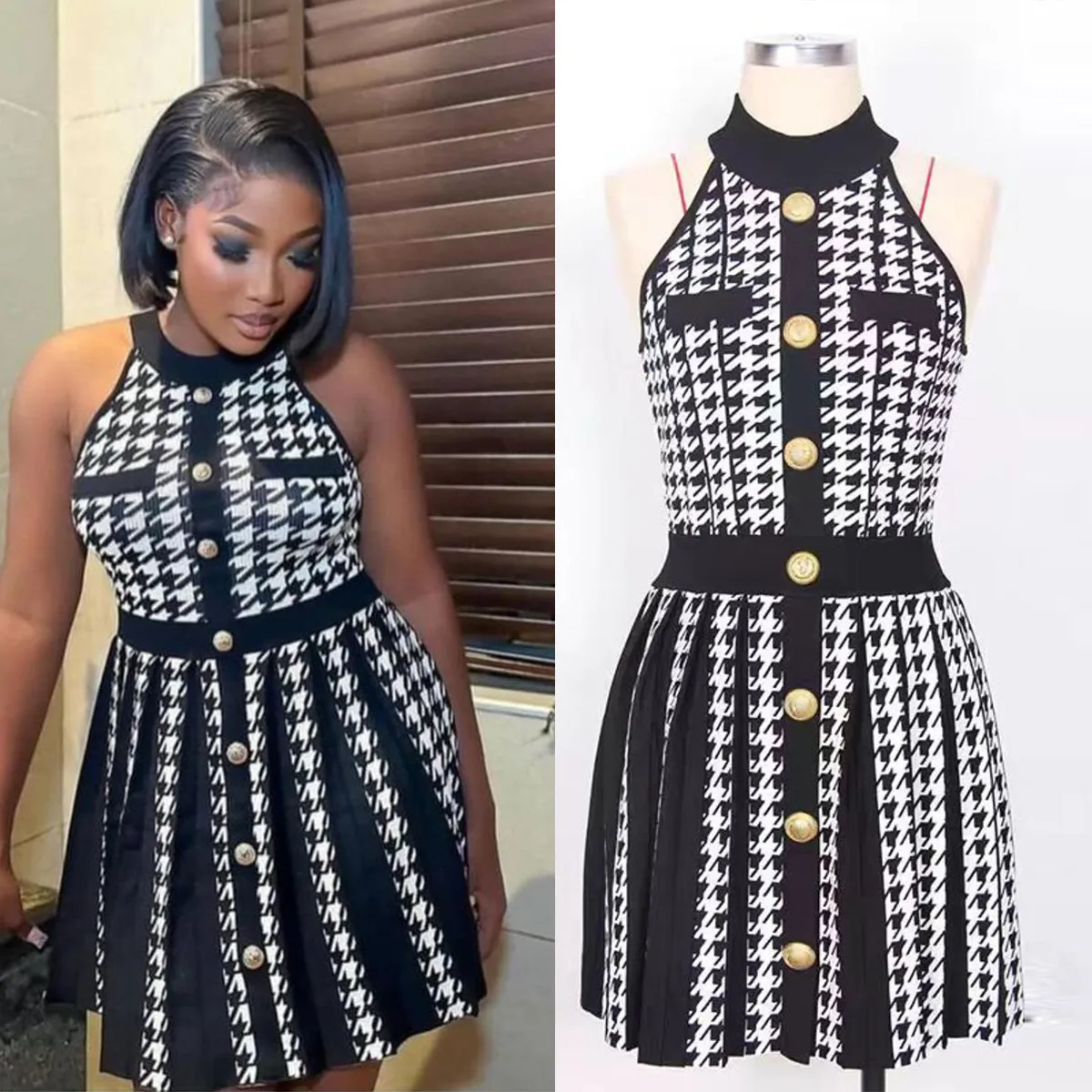 Women Fashion High Waist Sleeveless A-Line Knitted Houndstooth Dress