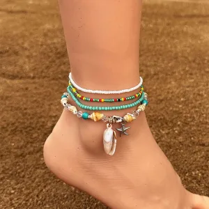 Women's Bohemian Multicolor Rice Bead Starfish Shell Pendant Anklet Set