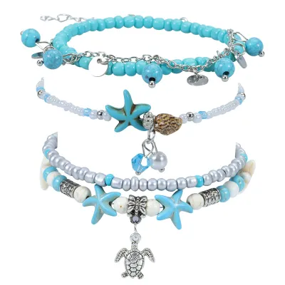 Women Fashion Turquoise Starfish Turtle Multi-Layer Anklet Set