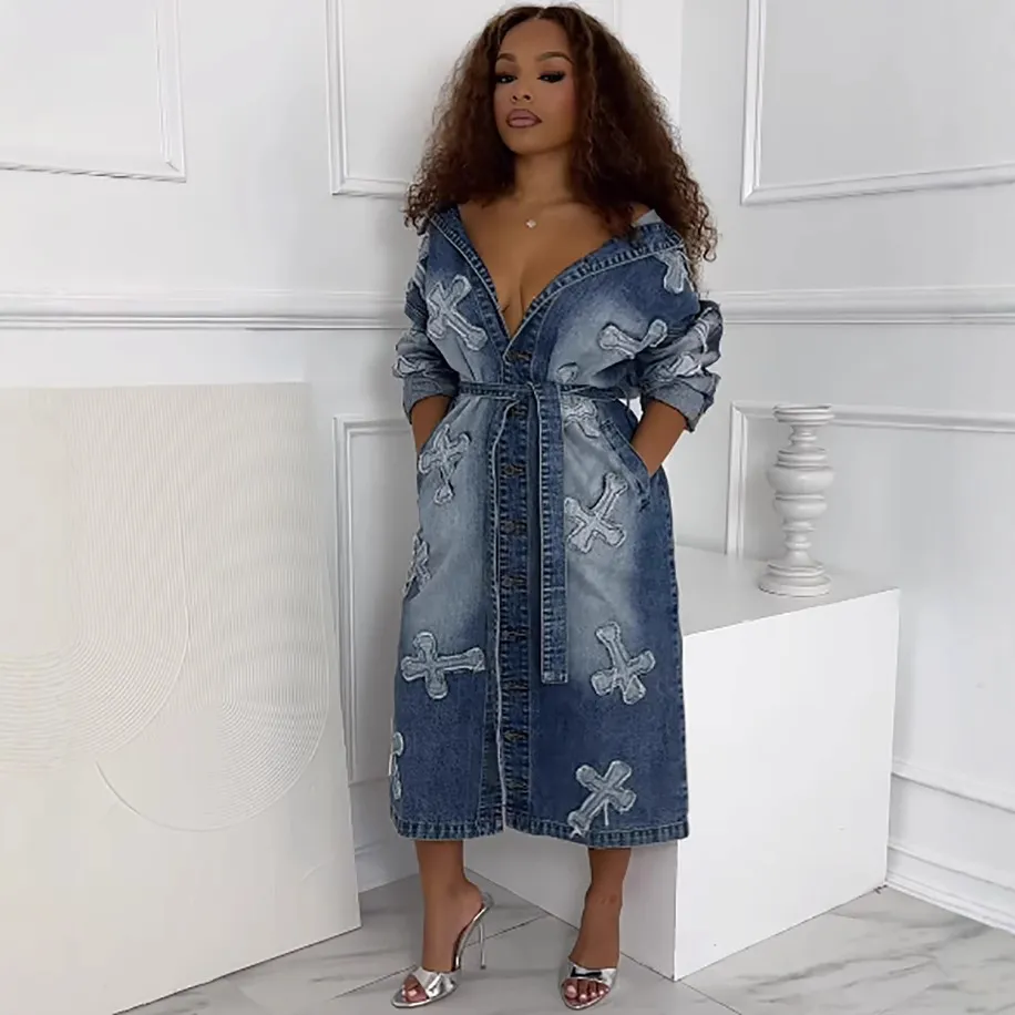 Women Fashion Cross Embroidered Long Sleeve Extra Long Denim Jacket