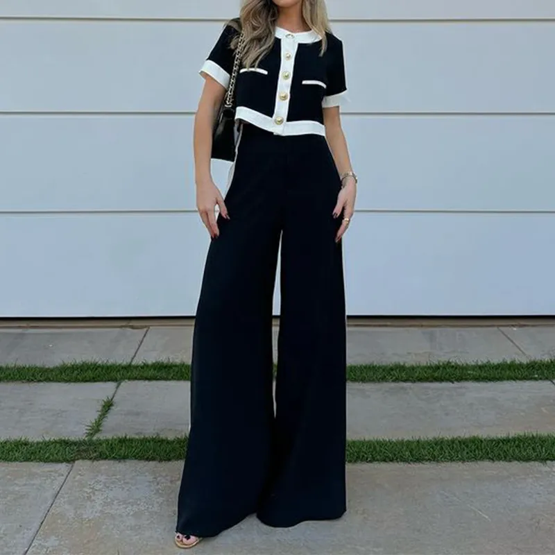Women's Commuter Wind Round Neck Short Sleeve Top Wide Leg Pants Two-Piece Set