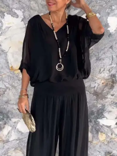 Summer Women's Elegant V-Neck Chiffon Top Wide Leg Pants Set