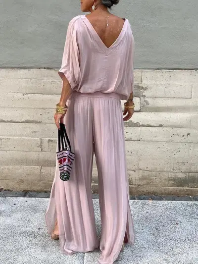 Summer Women's Elegant V-Neck Chiffon Top Wide Leg Pants Set