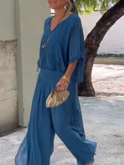 Summer Women's Elegant V-Neck Chiffon Top Wide Leg Pants Set