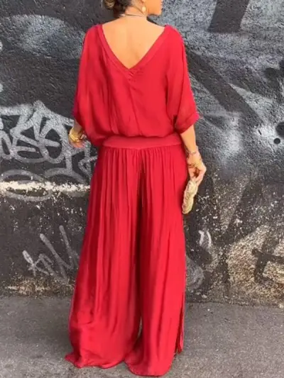 Summer Women's Elegant V-Neck Chiffon Top Wide Leg Pants Set