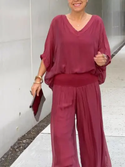 Summer Women's Elegant V-Neck Chiffon Top Wide Leg Pants Set