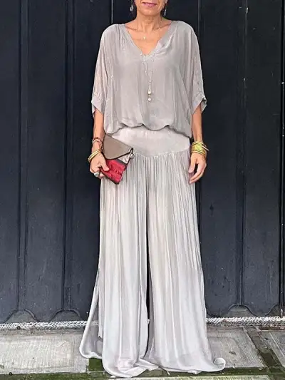 Summer Women's Elegant V-Neck Chiffon Top Wide Leg Pants Set
