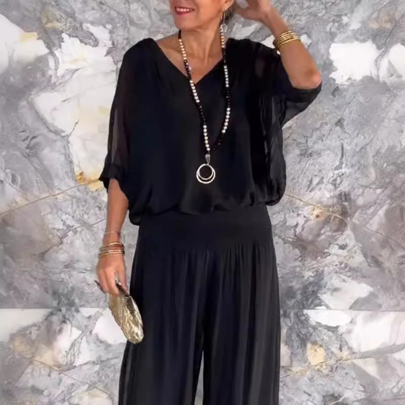 Summer Women's Elegant V-Neck Chiffon Top Wide Leg Pants Set