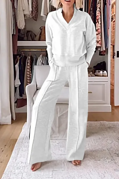 Women Casual V-Neck Long Sleeve Top Wide Leg Pants Set