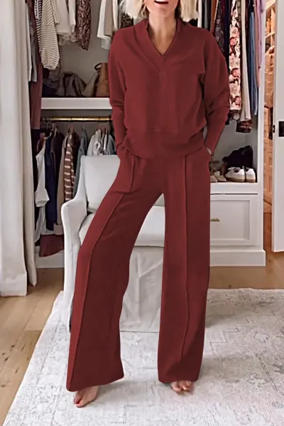 Women Casual V-Neck Long Sleeve Top Wide Leg Pants Set